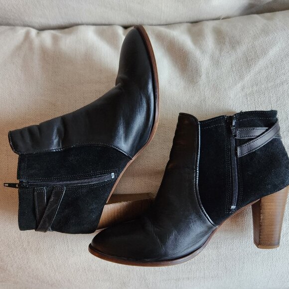 Sz10 🇫🇷 Sezane-inspired Black Leather & Suede Heeled Ankle Boots - Picture 4 of 10